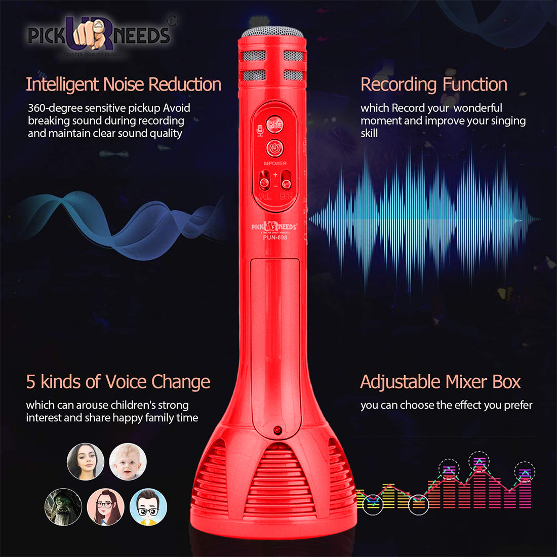 Pick Ur Needs Karaoke Mic with Led Light Wireless Bluetooth Microphone Connection Player Speaker 2-in1 with Recording + USB+FM
